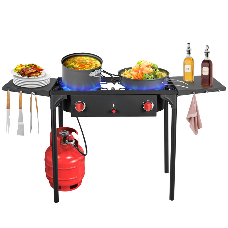Réchaud de camping à deux brûleurs de 150 000 BTU avec allumage automatique - Cuisinière à gaz d'extérieur portative avec pieds amovibles, tables d'appoint et régulateur pour barbecue dans la cour arrière, voyage de fin d'année et voyages en véh