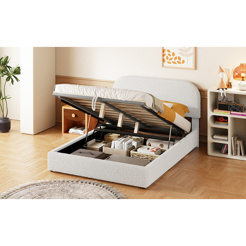 Lit double avec molleton blanc et plateforme de rangement hydraulique durable, Lit double