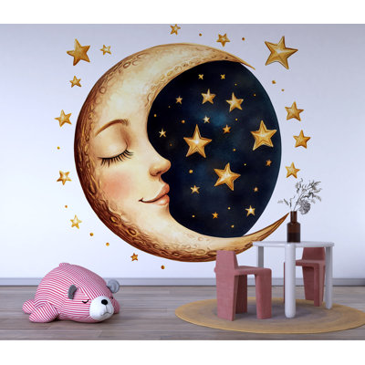 Moon And Stars Nursery Wall Decal – Gold Celestial Baby Room Wall Art 033Mv