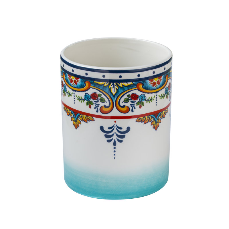 Colorful Ceramic Cylinder Utensil Crock with Artisan Design