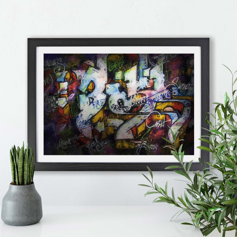 Multi-coloured Wall Graffiti - Framed Print, 45cm H x 63cm W x 2cm D, Black