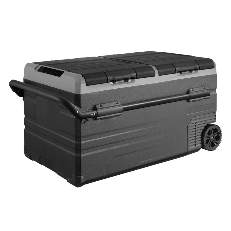 Réfrigérateur et congélateur portatifs à double zone de 115 L avec roulettes, contrôle de la température de -20 °C à 20 °C, compresseur 12/24 V CC et 100-240 V CA pour le camping, les véhicules récréatifs et les activités de plein air.