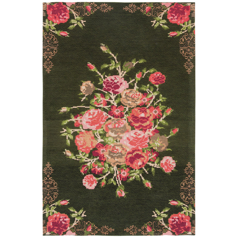 Tammie Floral Black/Red Area Rug, Rectangle 3' x 5'