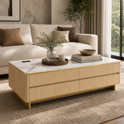 Table basse de 47,2 po avec 4 tiroirs, plateau UV en marbre ultrabrillant Adlington, bande lumineuse à DEL Bluetooth, 2 prises CA, charge USB et USB-C Adlington