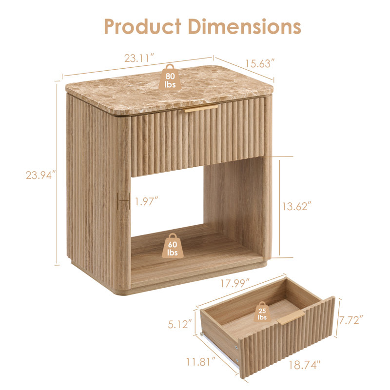 Nightstand Set of 2 with a Drawer and Open Shelf, Wood Fluted Bedside Table with 1.97"-Thick Rounded Wave Panels and Faux Marble Top