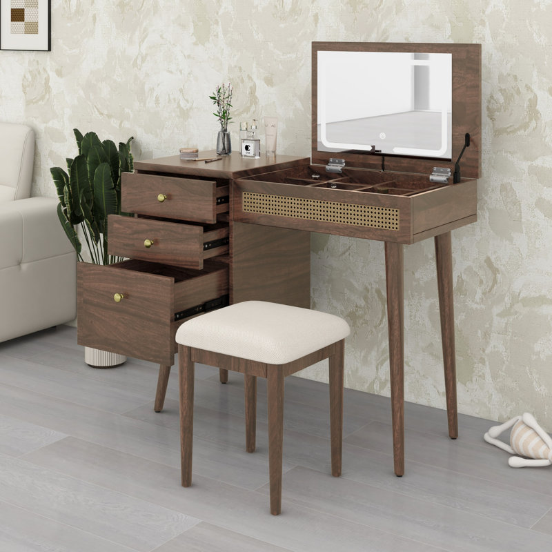 Bureau de coiffeuse rétro bohémien, miroir avec lumières DEL, plateau de table rabattable, 3 tiroirs et 10 compartiments pour un usage domestique