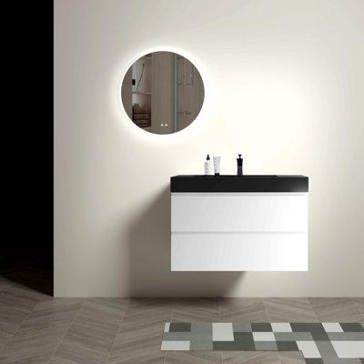 Meuble-lavabo mural de 36 po avec lavabo, grand meuble-lavabo flottant mural pour salle de bain moderne, lavabo une pièce noir sans bonde ni robinet, pré-assemblé
