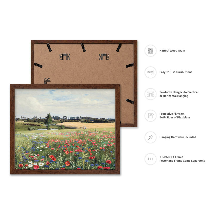 Champ avec coquelicots et marguerites, Affiche, H 11 po x l 14 po, Encadrement brun
