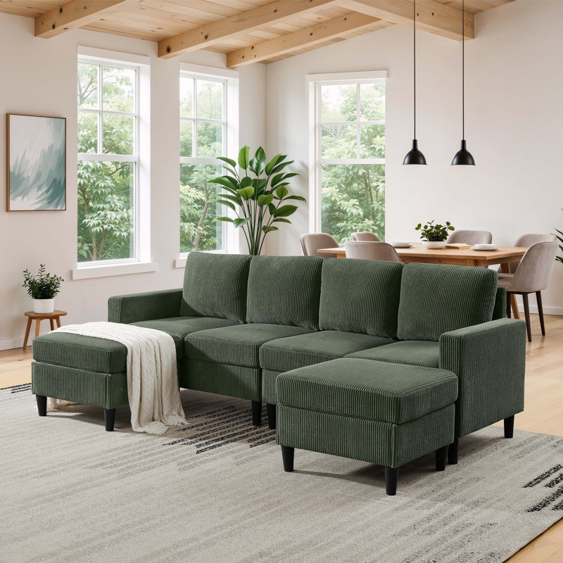 Canapé modulaire rembourré Cordory avec 2 repose-pieds Cordory, Velours côtelé - vert foncé