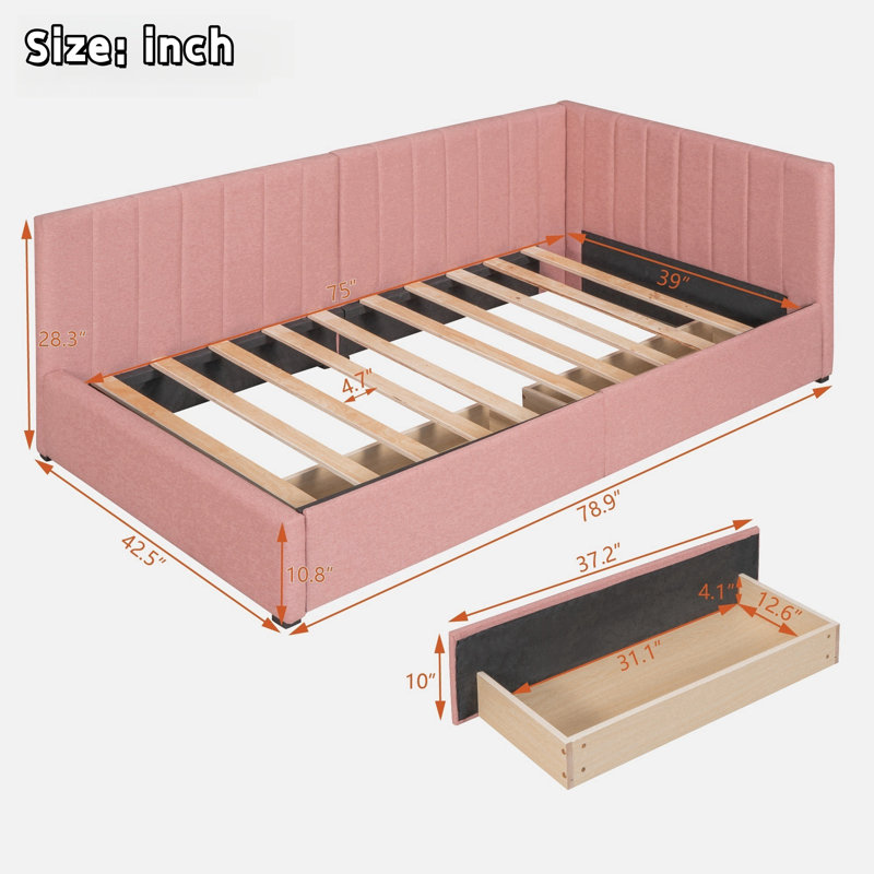 Barfleur Upholstered Daybed with 2 Storage Drawers, Twin, Pink