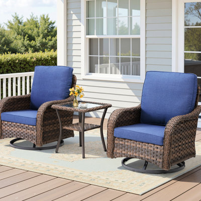 Mobilier d'extérieur bleu 3 pièces, bistro de patio avec table d'appoint, chaise berçante pivotante, rotation à 360 degrés, acier thermolaqué, sièges confortables, coussins, installation rapide et bascule, PE