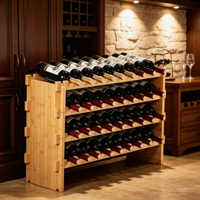 4-Tier Modular Bamboo Wine Rack, Stackable Freestanding Wine Storage Display Shelf Holds 36 Bottles for Kitchen Bar Dining Room