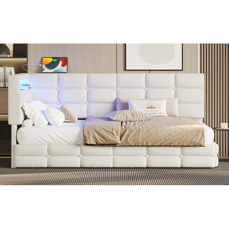 Upholstered Twin Size Daybed with Storage 2 Drawers and Charging Station, Day Bed Frame with LED Lights and Storage Headboard, No Box-Spring Needed