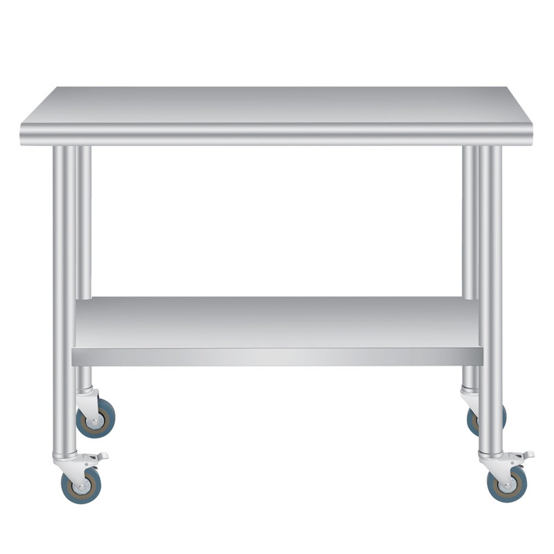 Table de préparation pour cuisine en acier inoxydable robuste, poste de travail utilitaire commercial avec dosseret réglable sous la tablette 4 roulettes pour le restaurant-barbecue de patio, 24 po x 48 po