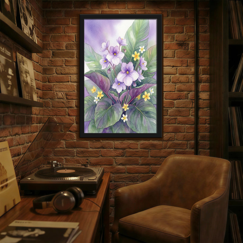 Plantes et fleurs fleurs mauves avec feuilles vertes et fleurs jaunes, H 24 po x l 36 po