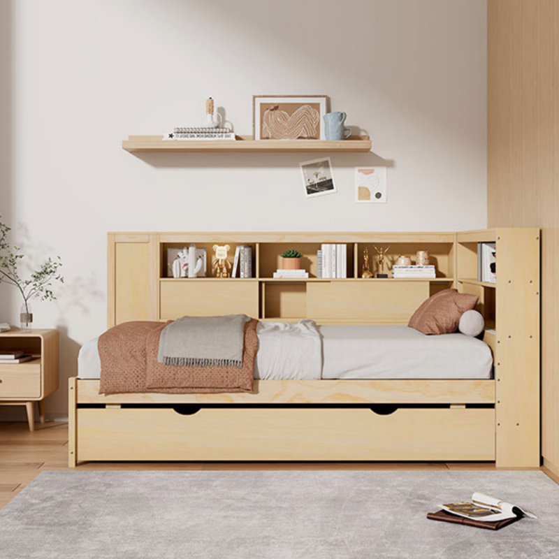 Lit de jour simple en bois avec tablettes de rangement, USB et lit gigogne