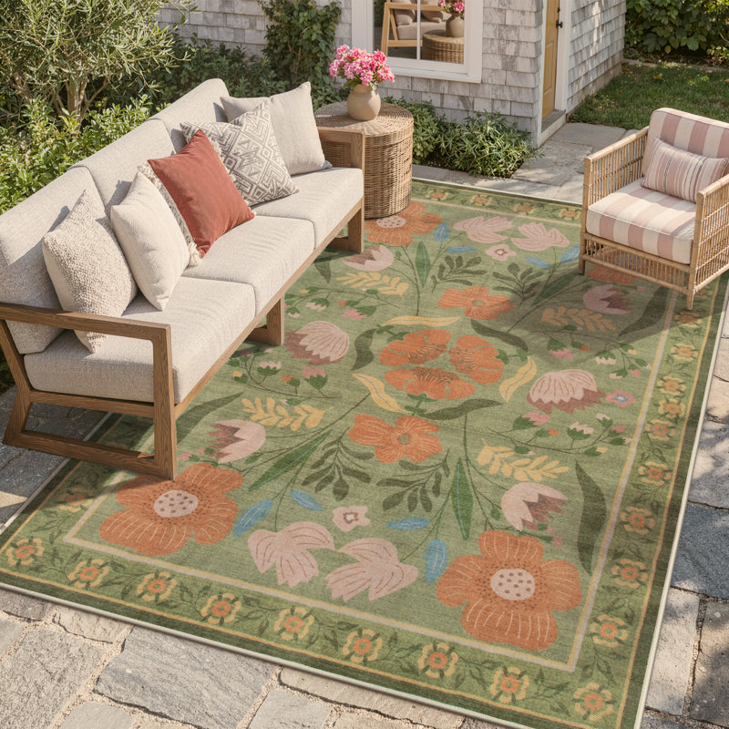 Washable American Countryside Floral 8X10 Green Outdoor Rug, Non Slip Quick-Dry Mesh Rug for Patio Deck Backyard, Green