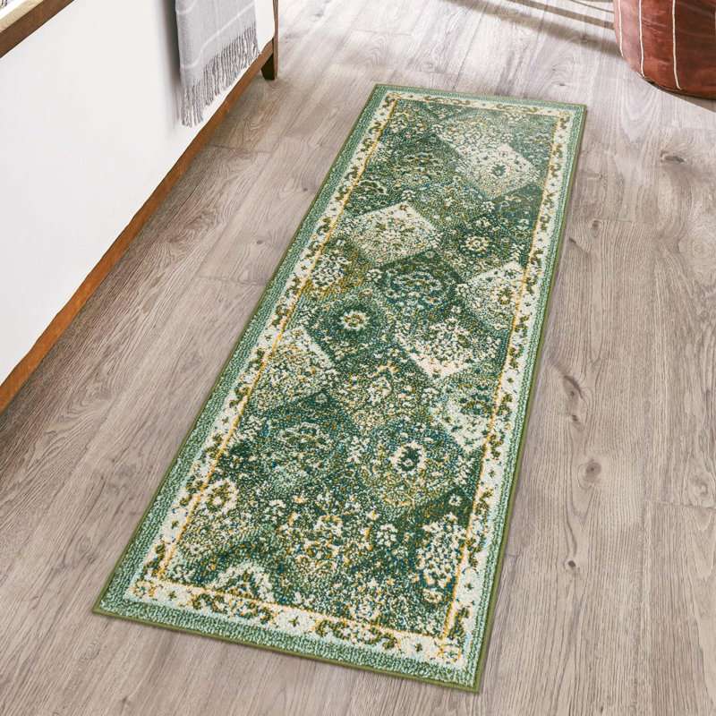Tapis vert / gris Kalf, Tapis de couloir 2 pi 7 po x 10 pi