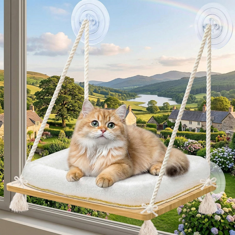Hamac pour chat avec fenêtre, siège pour fenêtre avec housse de coussin, siège en bois massif avec ventouses robustes, lit suspendu pour petits et moyens chats d'intérieur