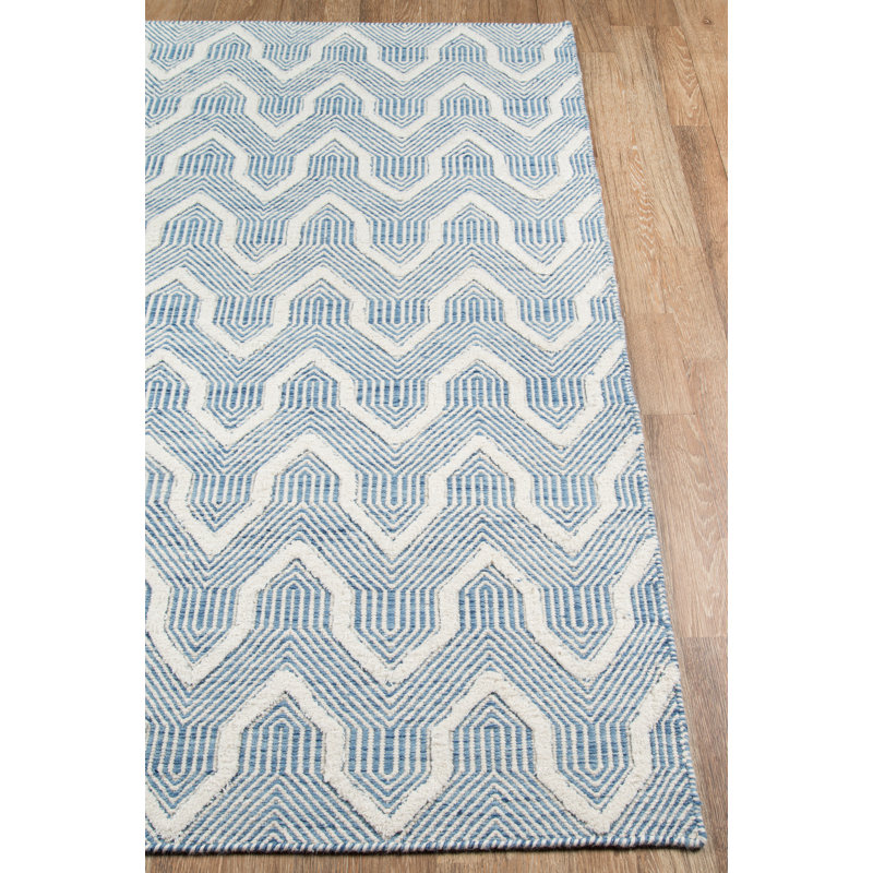 Langdon Geometric Handmade Flatweave Wool Blue/Ivory Area Rug, Rectangle 3'9" x 5'9"