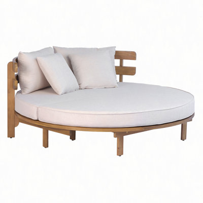 Lit de jour d'extérieur rond en bois d'acacia, chaise longue avec dossier à lattes incurvé, coussin et 4 coussins pour la cour, la piscine