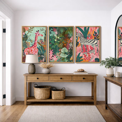 «Bright Preppy Animals» Dreamy Safari, rose, vert, animal, œuvre d'art