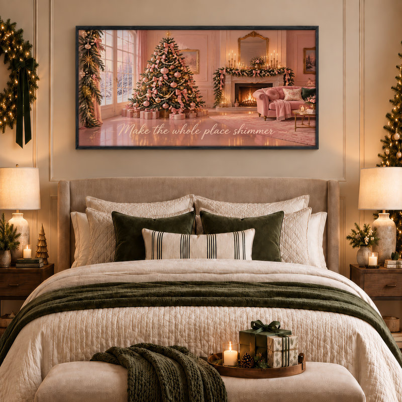 Arbre rose et cheminée dans le salon, art mural sur toile de Noël, L 58 po x H 28 po