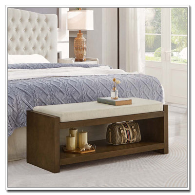 Banc de rangement à structure en bois avec coussin amovible, tablette inférieure