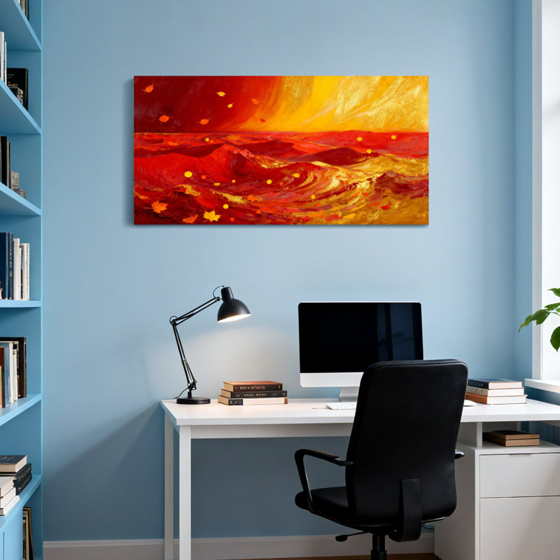 Paysage et nature Vagues oranges rouges, ciel, feuilles d'or, H 24 po x l 48 po