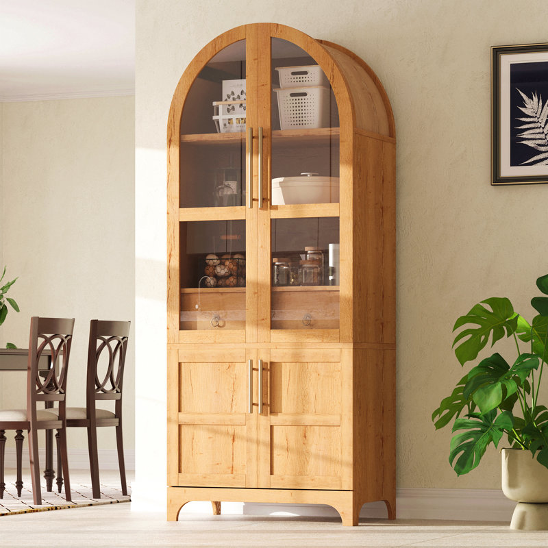 71" Tall Arched Kitchen Pantry Cabinet With Door Shelves, Farmhouse Kitchen Storage Cabinet With Open & Adjustable Shelves, Hidden Drawer & Glass Door, Cupboard