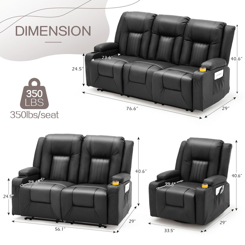 Canapé inclinable de cinéma avec porte-gobelets et poches latérales, Noir