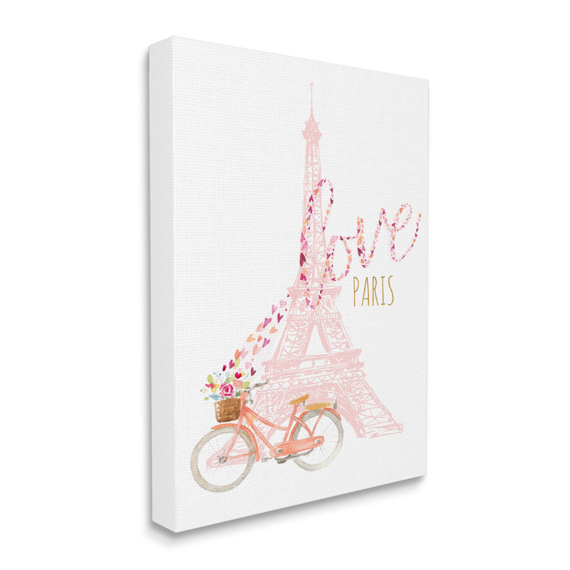 «Love Paris», tour de l'Eifel rose, fleur, bicyclette, cœurs, toile tendue XXL par Lanie Loreth, H 30 po x l 24 po x P 1,5 po