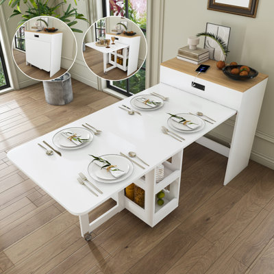 Table de salle à manger extensible de 188 cm (74 po) avec îlot de cuisine, prise électrique, roulettes verrouillables et plateau coulissant imitation marbre, fini noyer.
