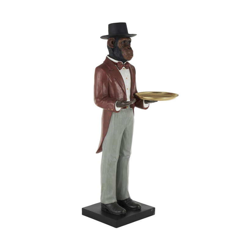 Katsumasa Resin Tall Waiter Monkey Sculpture With Gold Accent And Square Base