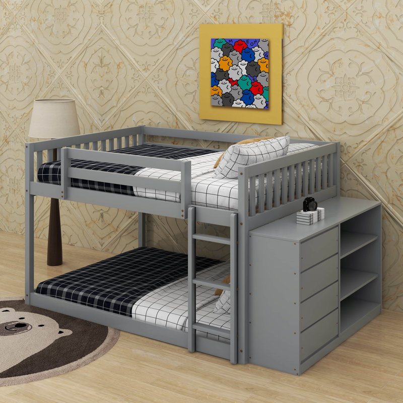 Bunk Bed With 4 Drawers And 3 Shelves, Gray, Full over Full