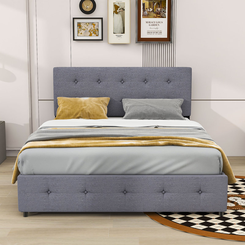 Grand lit plateforme tapissier avec rangement Daryll, Gris foncé