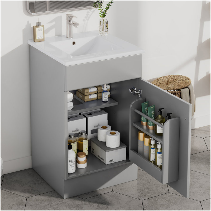 Video 20" Bathroom Vanity With Sink, Vanity Cabinet With Door Shelf And Adjustable Shelf, Grey