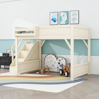 Wooden Loft Bed with Built-in Wardrobe, Stairs and Storage Shelf