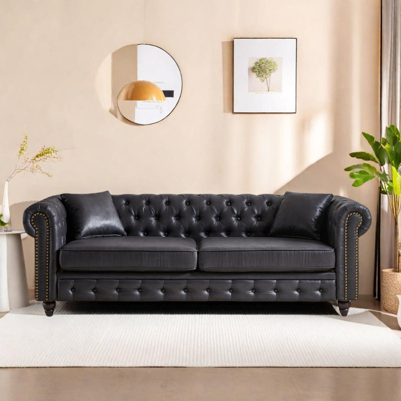 Canapé Chesterfield de salon avec accoudoirs roulés, Noir