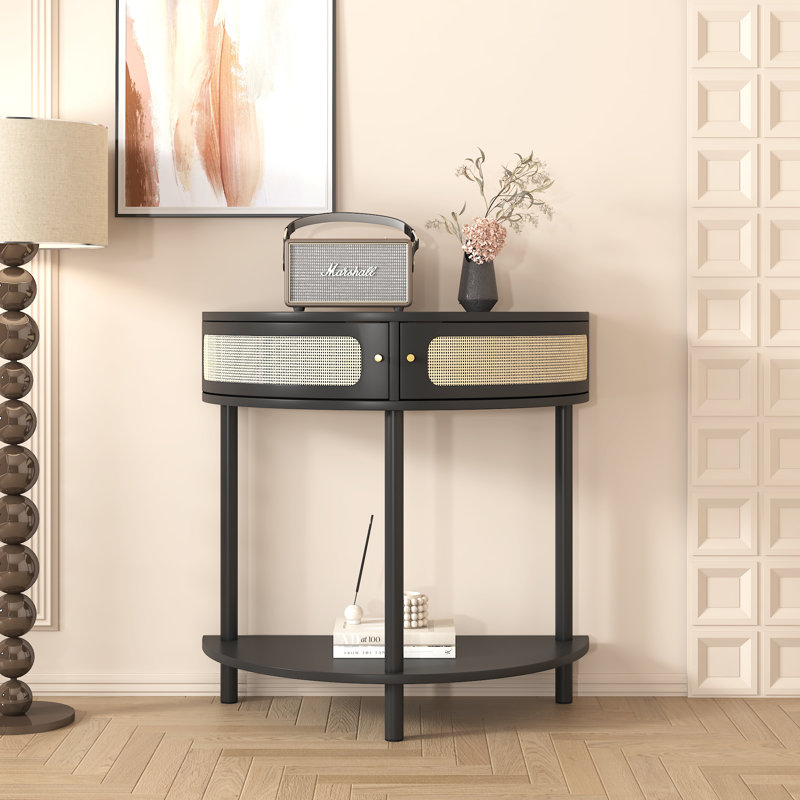 Console unique en demi-lune avec porte coulissante en rotin