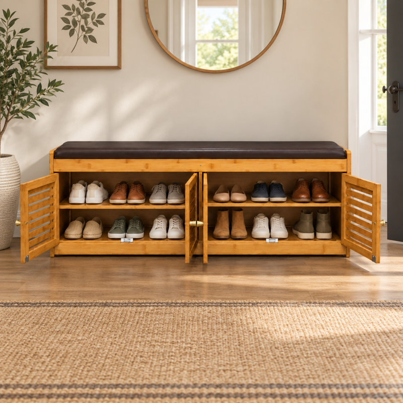 Banc de rangement à chaussures en bambou de 46 pouces avec portes
