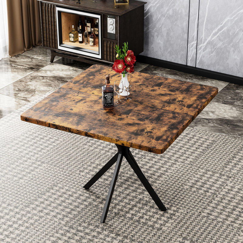 Table de salle à manger carrée pour 4-6, style Mid-Century moderne, 38,6 po x 38,6 po, brun et fer, peu encombrante, facile à assembler et à entretenir