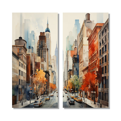 «Autumn New York City Breeze», art sur toile orange, ensemble de 2 paysages urbains orange