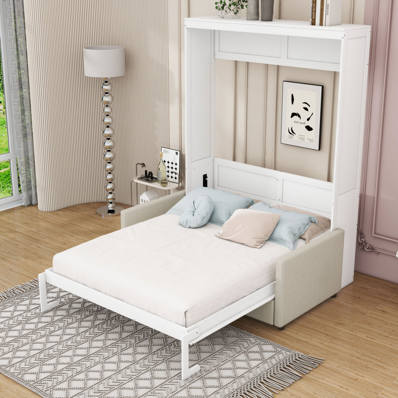 Shinpei Murphy Bed Wall Bed with Cushion, White, Full