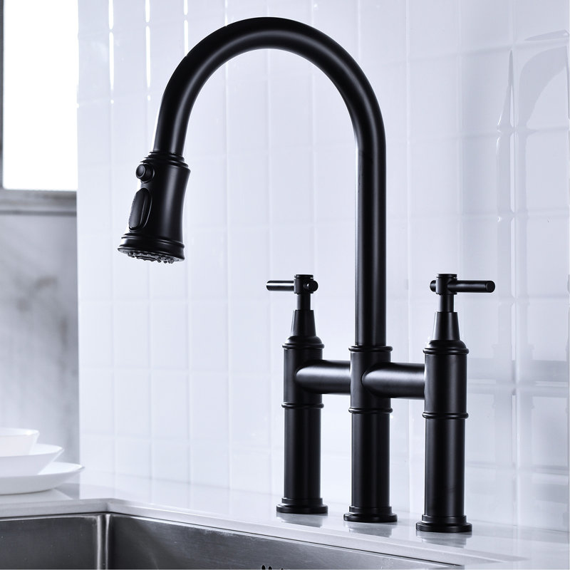 Dual Handle Bridge Kitchen Faucet In Matte Black - Quiet And Splash- Water Flow With Quality Aerator Sink Pull-Down For Intensive Cleaning