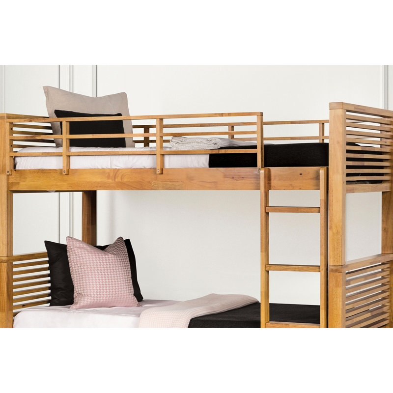 Lit superposé simple au-dessus de chêne au design transitionnel, structure en bois massif, rangement sous le lit et réversible avec finition, porte coulissante et joint