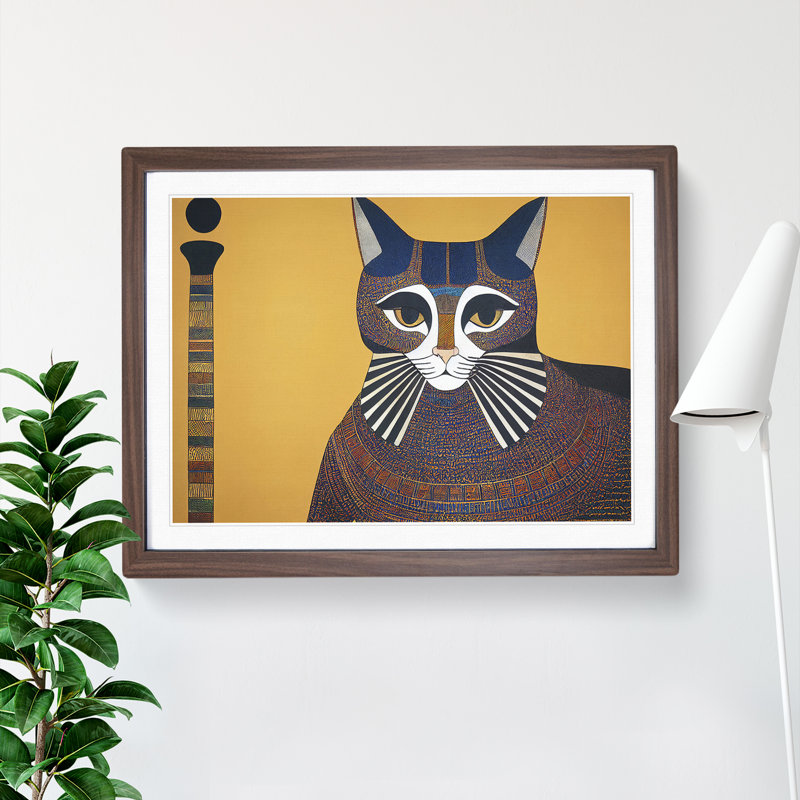 Egyptian Cat - Single Picture Frame Painting, 25cm H x 34cm W x 2cm D, Walnut