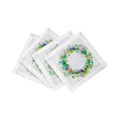 Wreath Flowers Hemstitch Cocktail 6" Linen/Cotton Napkin