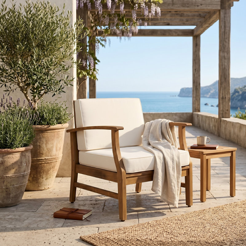 Apolinario Acacia Outdoor Lounge Chair, Cream Cushion / Teak Frame