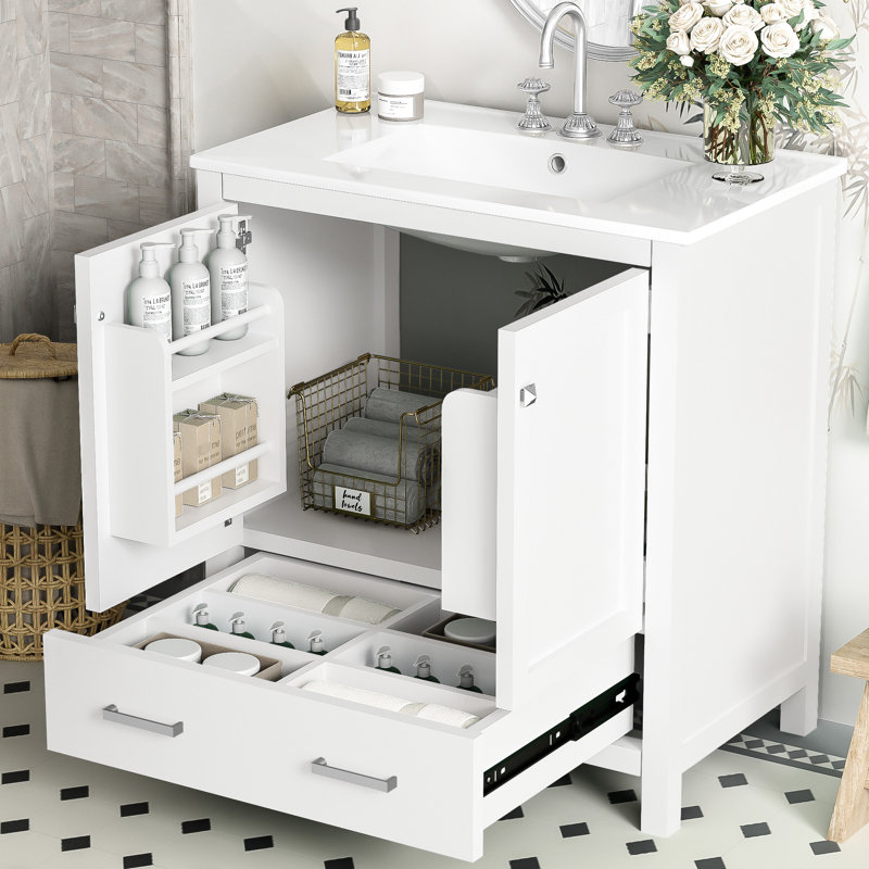 30" White Bathroom Storage Cabinet, Single Sink Vanity, Solid Wood Frame, 2 Doors And 1 Drawer, Soft Close Function, Stylish Furniture Vanity With Sink, Finish Construction, For A Relaxing